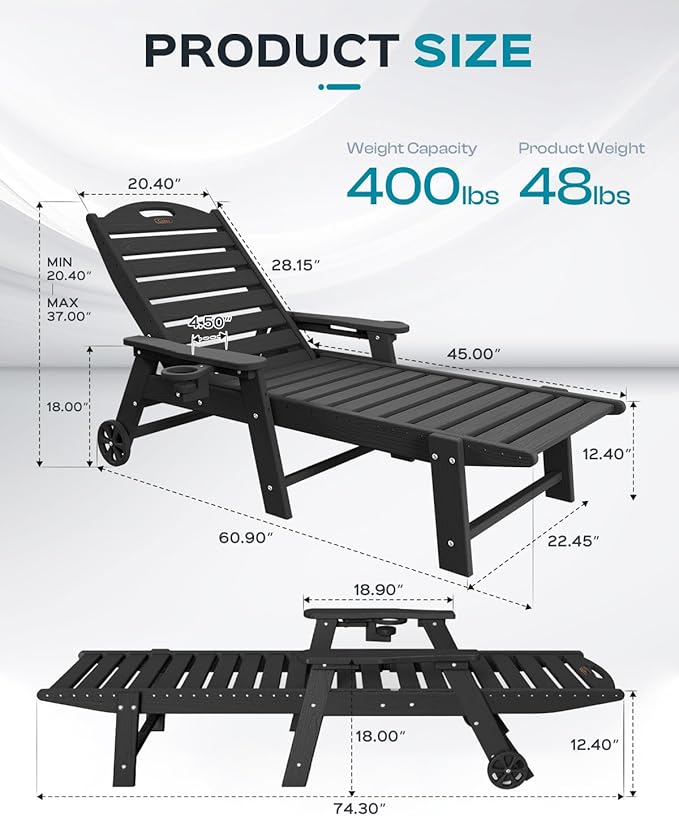 Lounge Chair Outdoor, Oversized Chaise Lounge Chair with 5 Positions, HDPE, Patio Lounge Chair with Wheels & Cup Holder for Pool, Deck, Poolside, Black
