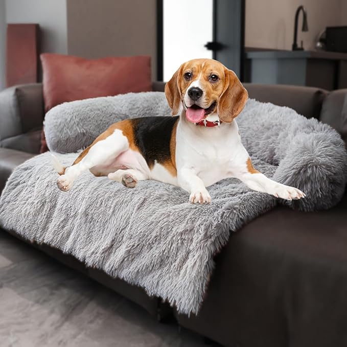 Calming Dogs/Cats Bed Mats, Dog Pad Washable Removable Couch Cover, Plush Long Fur Mat for Pets, Waterproof Lining, Perfect for Small, Medium and Large Dogs and Cats (Light Gray, 41"x37")
