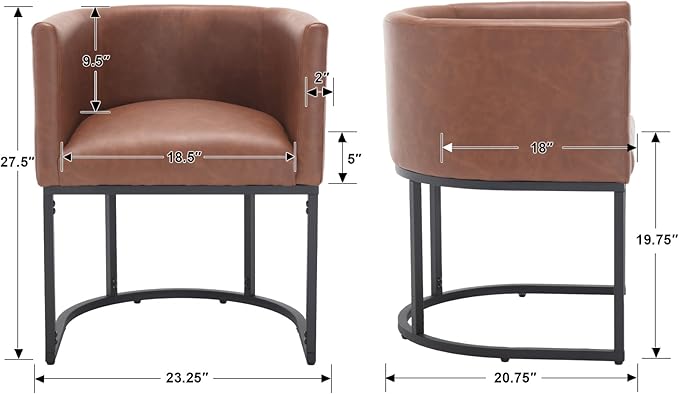 Faux Leather Dining Chairs Set of 3 Modern Barrel Arm Chairs with Black Metal Frame, Upholstered Kitchen Chairs 18.5" Wide Accent Chairs for Living Room Dining Room Restaurant, Brown