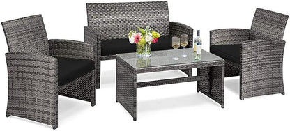 Tangkula 4 PCS Wicker Patio Conversation Set, Outdoor Rattan Sofas with Table Set, Patio Furniture Set with Soft Cushions & Tempered Glass Coffee Table for Poolside Balcony