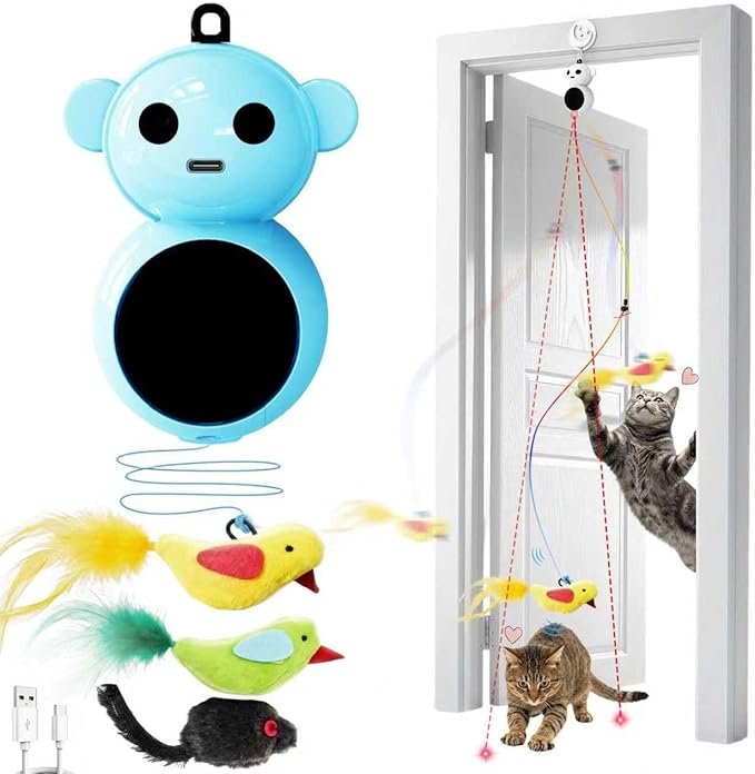 Interactive Cat Toys for Indoor Cats - 2 in 1 Automatic Laser Pointer Cat Toy with Feather Flying Bird，Smart Moving Mouse Wand Toy, Auto On/Off Hanging Toys for Bored Kitten & Adult Cats(Blue)