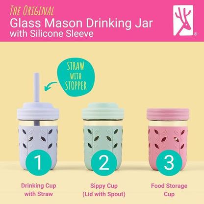 Elk and Friends Kids + Toddler Glass Cups | The Original 8oz Glass Mason Jar with Sleeves + Lids | Silicone Straws + Stopper | Smoothie Cup | Food Storage | Spill Resistant | Dishwasher Safe | 4 Pack
