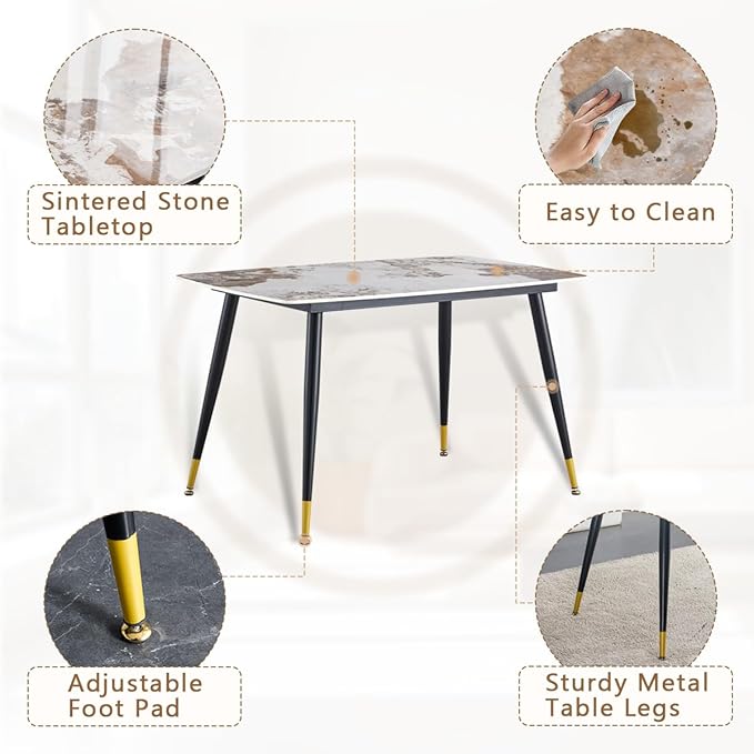 Small Dining Table Set for 4, 50'' Sintered Stone Table, Easy to Assemble, Suitable for Small Spaces