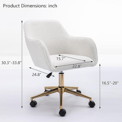 Goujxcy Fluffy Desk Chair, Faux Fur White Vanity Chair Swivel Office Chair for Girls Women, Height Adjustable Cute Teddy Furry Makeup Chairs for Bedroom Home Office