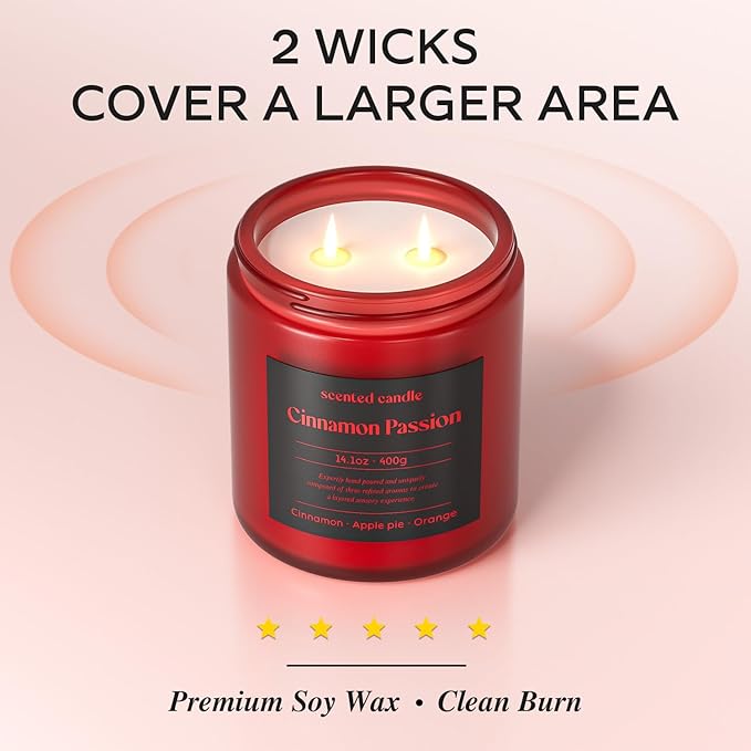 Cinnamon Candle, 14.1 oz Fall Candles for Home, 2 Wicks Blended Scents Scented Candles for Women and Men, Birthday Gifts for Women (Cinnamon+Apple Pie+Orange)
