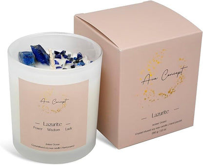 Healing Crystal Candle, Scented Candle Infused Lazurite Clear Quartz Crystals, Amber Ocean Scented, Positivity Energy, Cleansing Wellness, Gift for Women, Aromatherapy Clean Vegan 10Oz Jar
