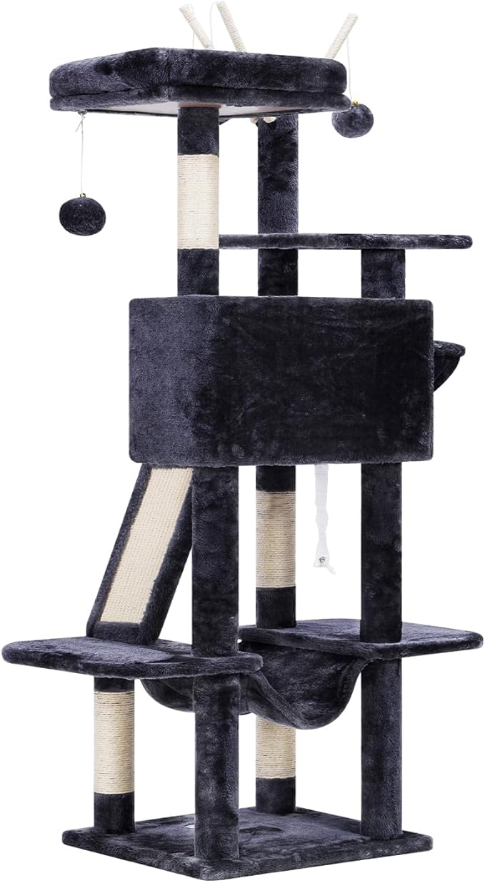 Hey-brother Cat Tree, 53 inch Cat Tower for Indoor Cats, Cat House with Padded Platform Bed, Toy Balls, Large Cozy Condo, Hammocks and Sisal Scratching Posts, Smoky Gray MPJ019-SG