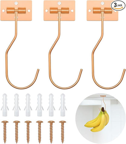 Banana Hanger Hook – Space Saving Banana Holder Hanger to Keep Bananas Fresh, Self Adhesive and Screw Banana Hook 3Pack Rose Gold