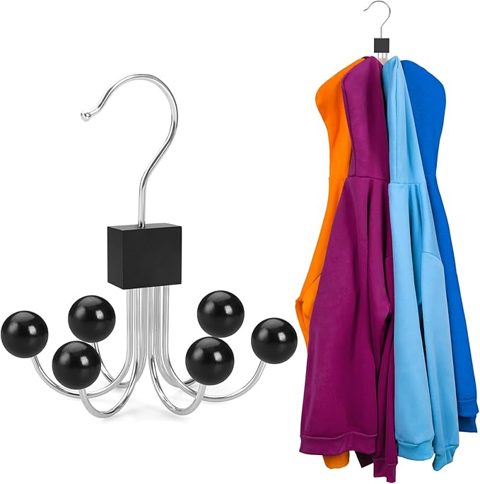 TOPIA HANGER Hoodie Hangers with 6 Wood Balls, Purse Hanger, Scarf Hanger, Wooden Closet Hooks, Handbag Organizer, Bra Hanger, Accessory Organizers for Scarf, Tanktop, Hat, Sweatshirt CT81B
