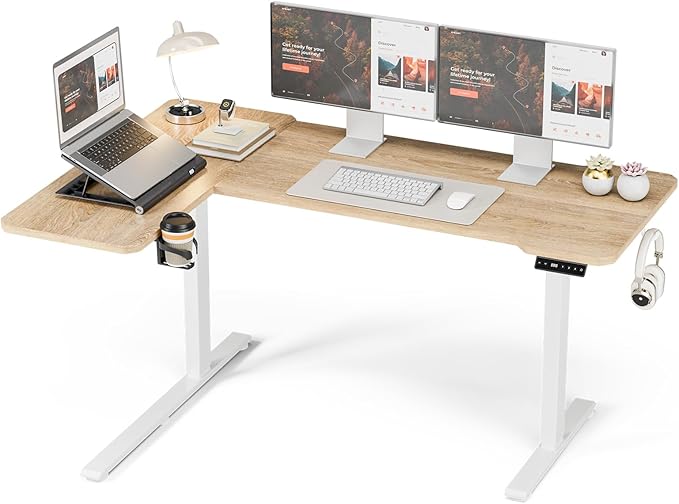 59 Inch L Shaped Standing Desk Adjustable Height, Electric Corner Standing Desk, Sit Stand Computer Table with Reversiable Splice Board,Light Rustic Brown