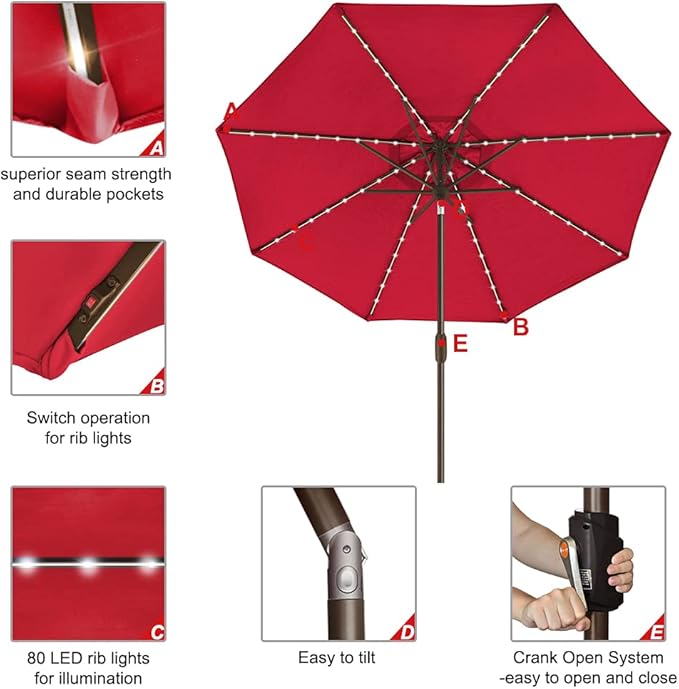 EliteShade USA 10-Year-Non-Fading Solar 9ft Market Umbrella with 80 LED Lights Patio Umbrellas Outdoor Table Umbrella with Ventilation, Logo Red