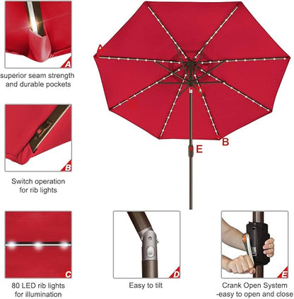 EliteShade USA 10-Year-Non-Fading Solar 9ft Market Umbrella with 80 LED Lights Patio Umbrellas Outdoor Table Umbrella with Ventilation, Logo Red