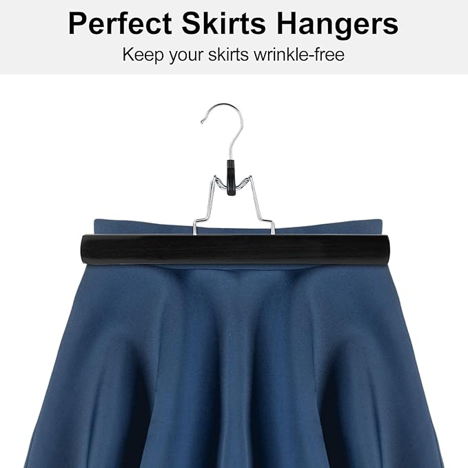 AMKUFO 12 Pack Black Wooden Pants Hangers with Clips Non Slip Skirt Hangers Trouser Clamp Hanger Solid Wood Hanger with 360° Swivel Hook