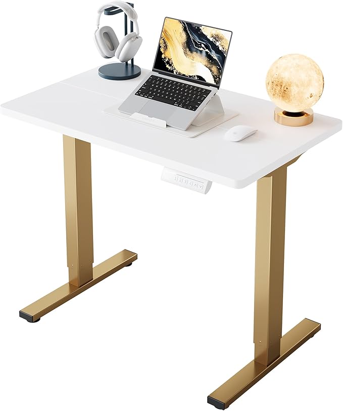 HUANUO 32" Small Electric Standing Desk Adjustable Height, 4 Memory Height Settings, Sit Stand Up Desk for Home Office & Computer Workstation, White and Gold Frame