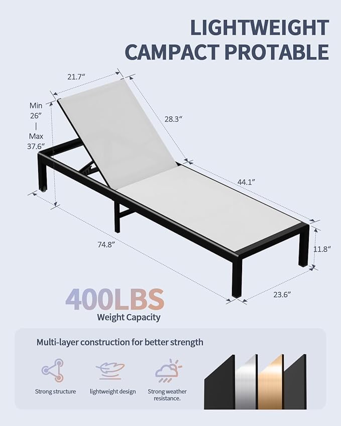 Aluminum Lounge Chairs Outdoor Chaise Furniture,2 Sets Patio Metal Deck Lounger Adjustable 5-Position Poolside Chase Recliner with Wheels for Beach,Coffee Table, (White, 2 Chairs)