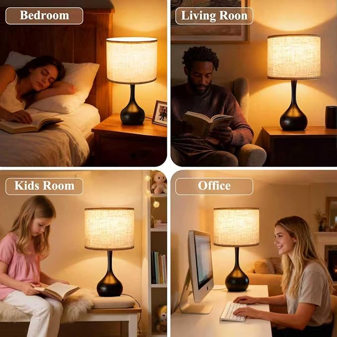ONEWISH Touch Bedside Lamp for Bedroom, 3-Way Dimmable Table Lamps for Nightstand with Cylindrical Fabric Shade, Desk Lamp for Living Room, End Tables, Home Office