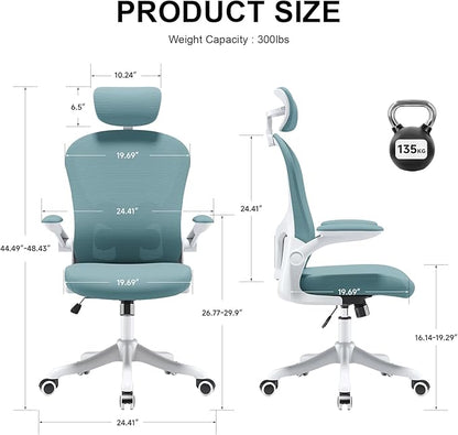 Ergonomic Office Chair with Adjustable Lumbar Support and Headrest, High Back Mesh Desk Chair for Home Office,Flip-Up Arms 90-120° Tilt Lock Rolling Swivel Task Chairs (White-Blue6065)