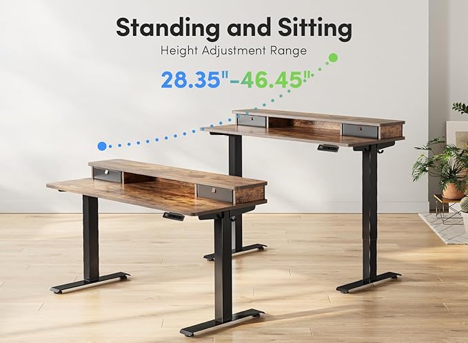 FEZIBO 48 x 24 Inch Height Adjustable Electric Standing Desk with Double Drawer, Stand Up Table with Storage Shelf, Sit Stand Desk, Rustic Brown