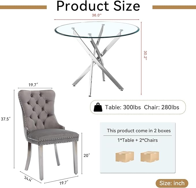 Goujxcy 3 Piece Round Glass Dining Table Set for 2, 36" Round Dining Table & Chair Set Modern Circle Glass Kitchen Table and 2 Velvet Upholstered Chairs for Kitchen Dining (Silver Table & Grey Chair)