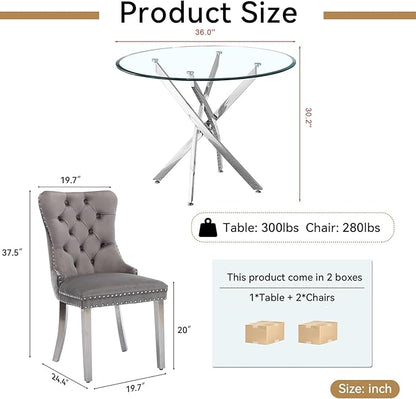 Goujxcy 3 Piece Round Glass Dining Table Set for 2, 36" Round Dining Table & Chair Set Modern Circle Glass Kitchen Table and 2 Velvet Upholstered Chairs for Kitchen Dining (Silver Table & Grey Chair)