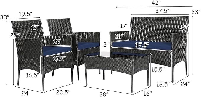 Tangkula 4 Pieces Patio Furniture Set, Outdoor Wicker Conversation Set with Tempered Glass Tabletop, Rattan Sofa and Chairs Set with Off White & Navy Cushion Covers