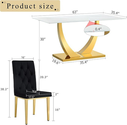 63" Modern Dining Table Set for 6, White Dining Room Set for 6, Tempered Glass Kitchen Table and PU Leather Chairs, Marble Pattern Top with Sturdy Gold Chrome Base