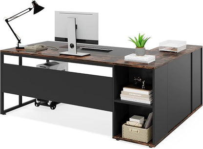 Tribesigns 71 inch Executive Desk, L Shaped Desk with Cabinet Storage, Executive Office Desk with Shelves, Business Furniture Workstation for Home Office, Brown and Black