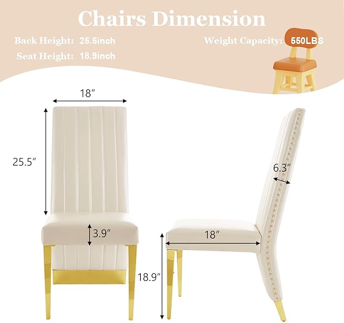 Dining Chairs, White Faux Leather Upholstered Dining Chair with Nailhead Trims, Gold Dining Room Chairs Set of 8