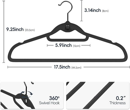Velvet Stackable Hangers 50 Pack Black, Non Slip Space Saving Felt Hanger with Cascading Hooks, Ultra Thin and 360° Swivel Hook, Heavy Duty for Suit Shirt Pant