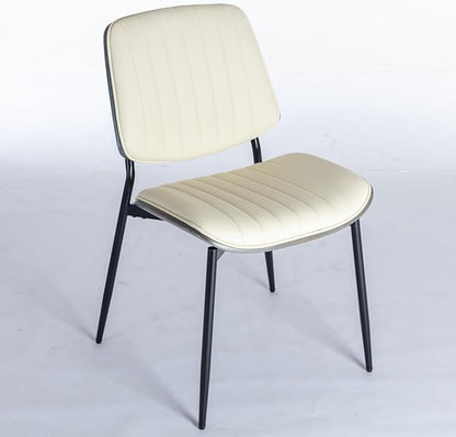 Dining Chairs Set of 6, Mid Century Modern Accent Dining Room and Kitchen Chairs, Upholstered PU Leather Vertical Stripe Chairs for Vanity with Walnut Bentwood and Metal Legs, Beige