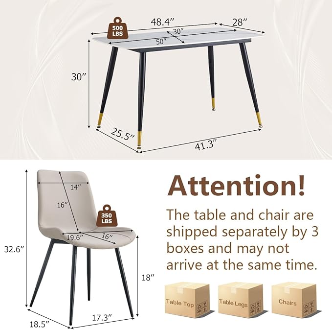 50'' Dining Table Set for 4, Dining Room Sets for 4, Sintered Stone Dining Table Chairs Set of 4, Easy to Assemble，Suitable for Small Spaces