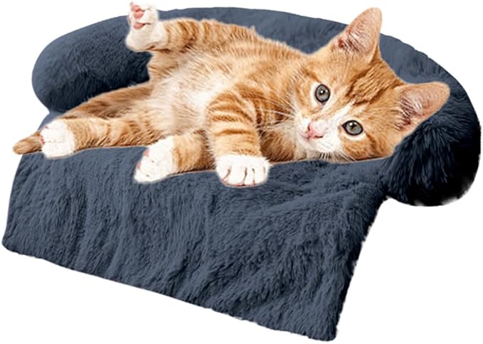 Calming Dogs/Cats Bed Mats, Dog Pad Washable Removable Couch Cover, Plush Long Fur Mat for Pets, Waterproof Lining, Perfect for Small, Medium and Large Dogs and Cats (Navy Blue, 21"x21")