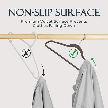 HOUSE DAY Taupe Velvet Hangers 60 Pack, Non Slip Clothes Felt Hanger Heavy Duty for Coat, Premium Slim Space Saving Suit Hangers for Closet Organizer, 360° Rotating Silver Hook