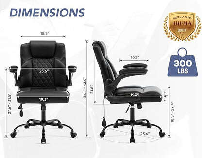 Office Chair with Adjustable Lumbar Support,Leather Ergonomic Computer Desk Chair with Flip-up Arms,Adjustable Tilt Lock,Swivel Rolling Executive PC Chair for Work, Study,Meeting,Small Space.Black
