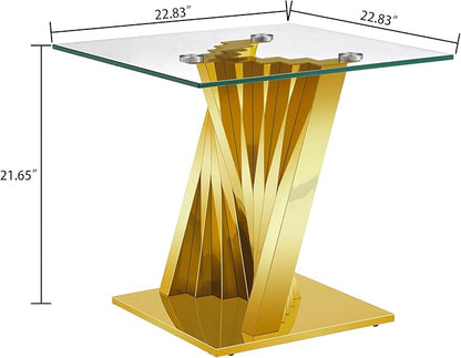 Goujxcy Modern Glass End Table Gold Sofa Side Table with Tempered Glass Top and Mirror Finish Stainless Steel Legs, Luxury Square Sofa Side Table Bedside Table for Living Room Bedroom (Gold)
