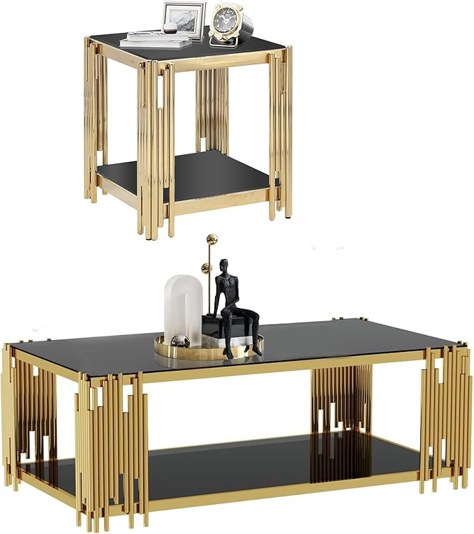 Glass Gold Coffee Table Set of 2,Modern Coffee Table and End Table w/Storage,Glass Coffee Table Set with Stainless Steel Frame,2 Pieces Living Room Table Set for Apartment Home Office