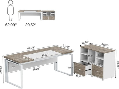 Tribesigns L-Shaped Executive Desk with Reversible File Cabinet, 63" Office Desk with Storage Drawers, L-Shaped Computer Desk with Drawer Cabinet for Hanging Letter Size Files,Gray & White