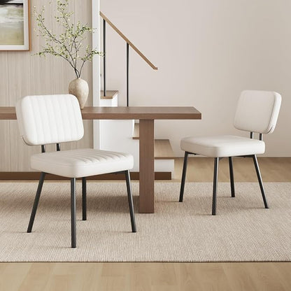 Dining Chairs Set, Upholstered Mid Century Modern Kitchen Dining Room Accent Chairs with Faux Leather Cushion Seat & Metal Legs for Kitchen, Living Room (White, Set of 2)