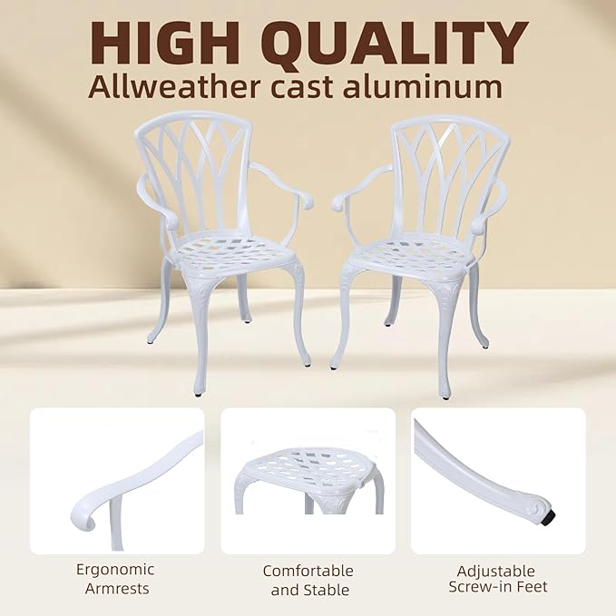 3-Piece Cast Aluminum Patio Bistro Set, Outdoor Rust-Resistant Furniture with 2 Chairs and Table (White)