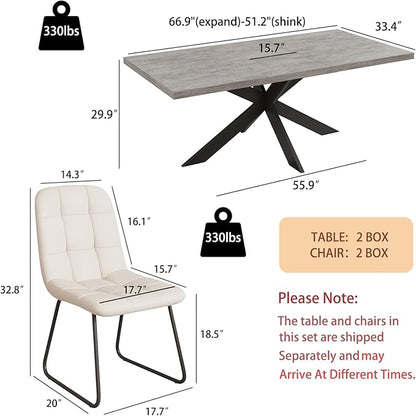 ZckyCine 6-8 Person Modern Rectangular Dining Table Set with 6 Chairs, Expandable Kitchen Table (51 to 63 Inches), Space-Saving Design, Metal Frame, Gray Tabletop & White PU Leather Chairs