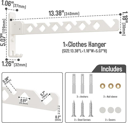 Wall Mounted Clothes Drying Rack, Wall Clothes Hanger Foldable, Laundry Hanger Hook for Bathroom, Wall Clothes Rack Indoor, Perfect for Small Spaces, White