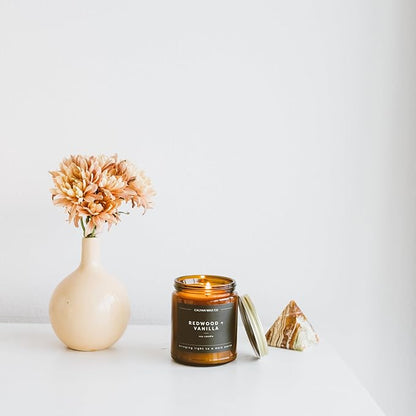 Calyan Wax Co. Redwood & Vanilla Scented Candle - 57 Hour Burn - Luxury Non Toxic Soy Wax Candles - Long Lasting Amber Glass Jar Candle for Home - 7.2oz