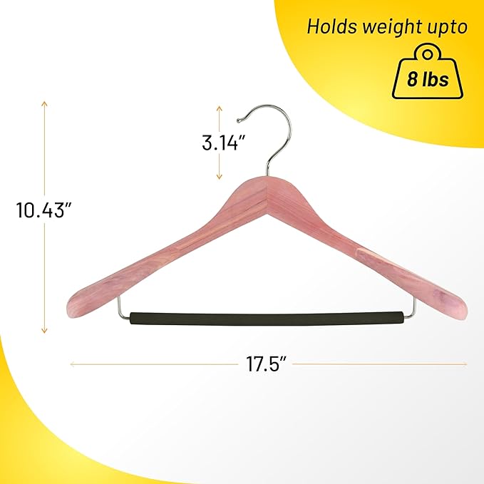 Cedar Hangers for Closet - 5 Pack Extra Wide Wooden Hangers for Suits, Coat, Dress, Jacket, Clothes Storage - Non Slip Foam Padded Pant Bar with 360° Swivel Hook, Aromatic American Cedar Wood