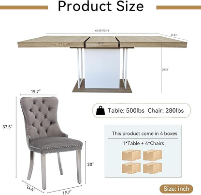 Goujxcy 78.7" Farmhouse Extendable Dining Room Table Set for 4, 5-Piece Rectangle Kitchen Dining Room Table Set with Wood Base and 4 Grey Velvet Dining Chairs, Extending Kitchen & Dining Table Set