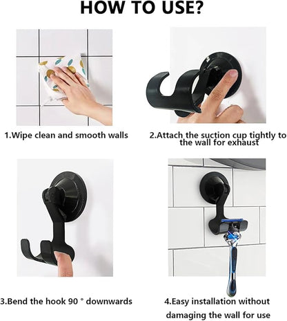 2-Pack Razor Holder for Shower with Suction Cup - Vacuum Wreath Hanger for Door, Wall, or Window, No Drill Adhesive Hook for Bathroom, Kitchen, Hotel - Black