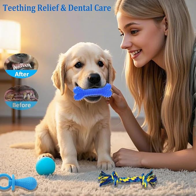 Beiker 20 Pack Puppy Chew Toys - Blue Dog Teething Toys for Puppies, Puppy Teething Rings and Ropes, Blue Rubber Toy Bundle for Small Dogs, Cute Interactive Dog Balls for Small Breed