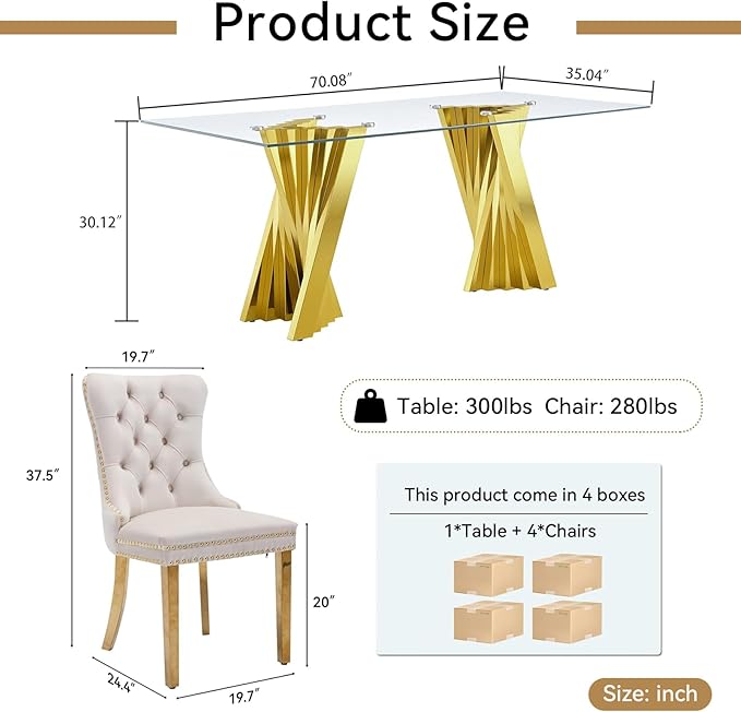 Goujxcy Modern 5 Piece Glass Dining Table Set Luxury Glass Kitchen Table and Chair Set for 4, 70" Large Rectangular Dining Room Table with 4 Tufted Chairs and Stainless Steel Legs (Gold & Beige)