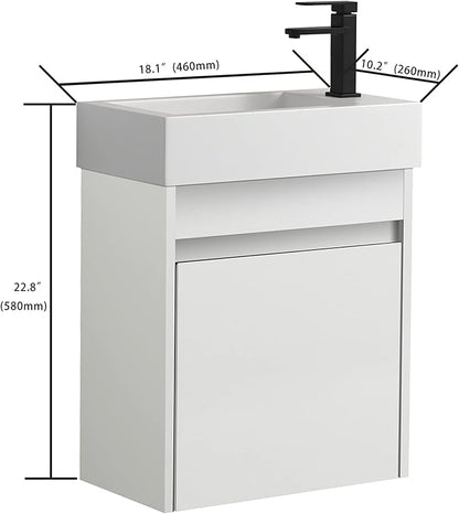 Goujxcy 18" Wall Mounted Bathroom Vanity with Sink, Modern Floating Bathroom Cabinet with White Resin Wash Basin & Storage Cabinet, Soft-Close Door Wood Hanging Bath Room Cabinet