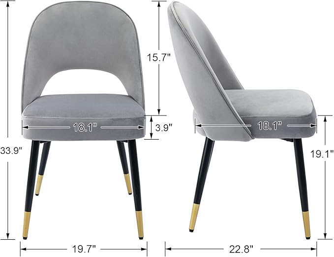 DUOMAY Modern Dining Chair Set of 2 with Open Back, Velvet Upholstered Armless Chair with Metal Frame Side Chair for Kitchen Dining Room Living Room, Grey