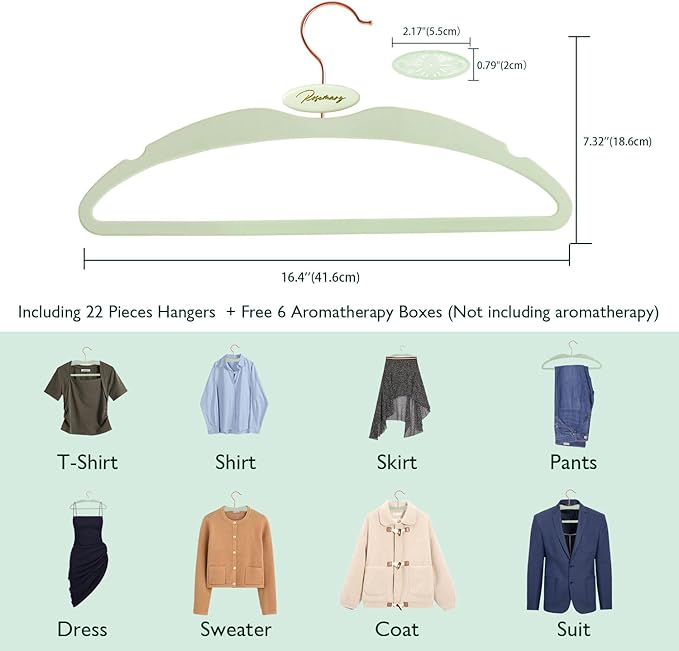 ManGotree Velvet Coat Hangers with Empty Aromatherapy Boxes, Non-Slip Short Neck Hangers, Ultra-Thin Space Saving Suit Hanger for Jacket, Shirt, Dress, Pants (22 Pack, Light Green)